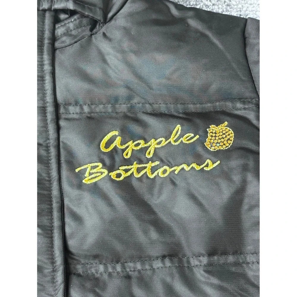VTG‎ Apple Bottoms Puffer Jacket Black Fur Hood Zip Up Rhinestone Size L